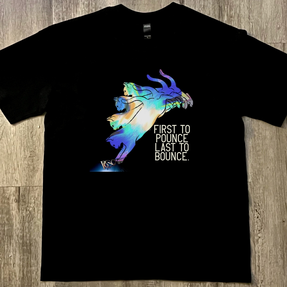 First to pounce, last to bounce cat jump graphic tee, black, cotton, unisex L